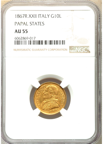 Papal States. Pius IX gold 10 Lire Anno XXII (1867)-R AU55 NGC Rome Mint KM138.2