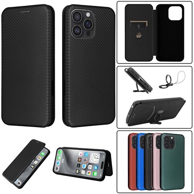 For iPhone 17 16 15 Pro Max 14 13 12 11 Carbon Fiber PU Leather Wallet Flip Case