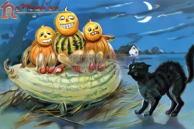 SQUASH PUMPKINS AND BLACK CAT HALLOWEEN TUCK 4X6 PHOTO POSTCARD REPRINT
