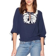 Lucky Brand Smocked Boho Peasant Blouse Navy Blue White Embroidery Small