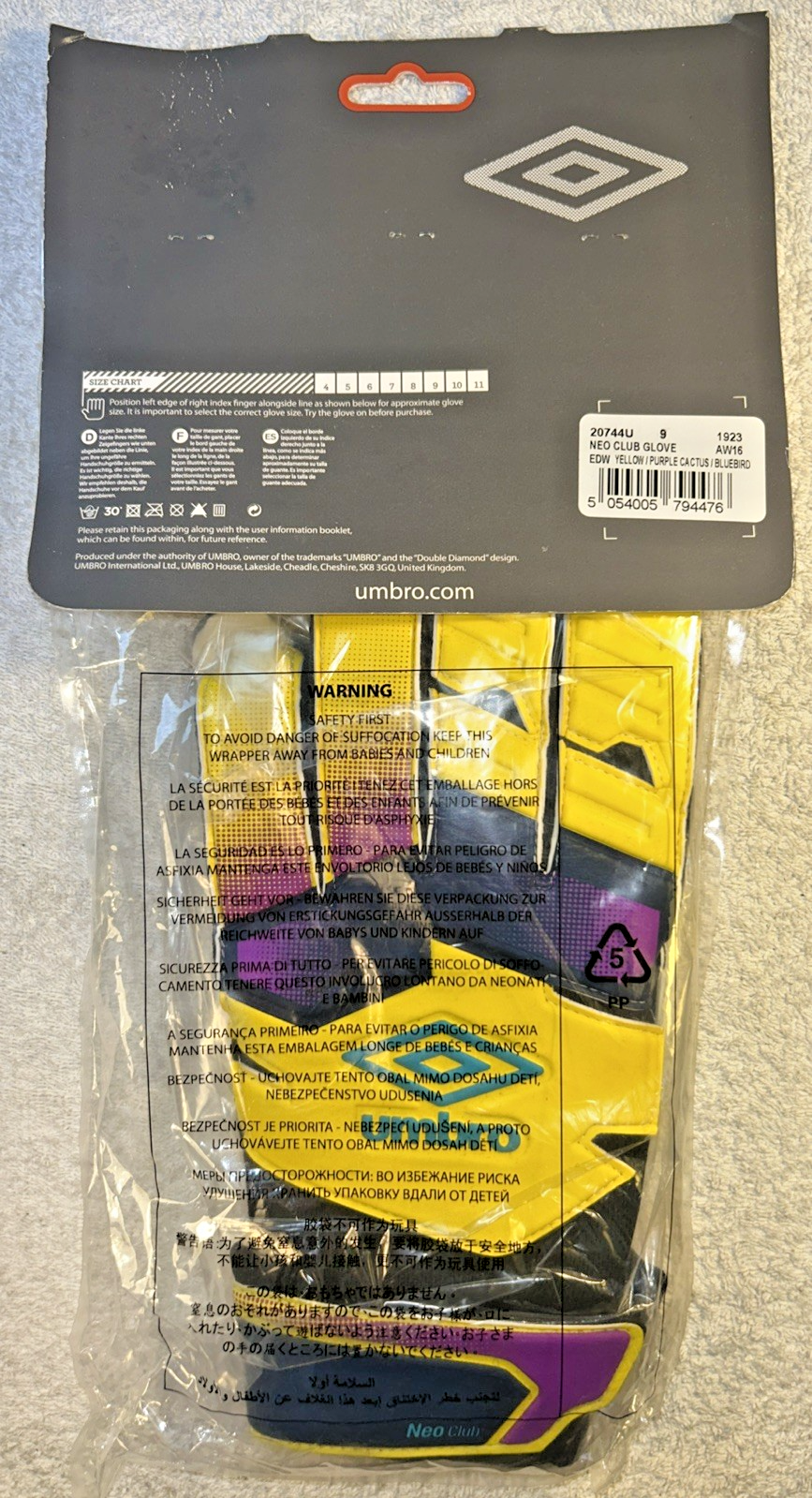 Umbro Goalkeeper Gloves Neo Club Size 9 Yellow, Purple & Blue
