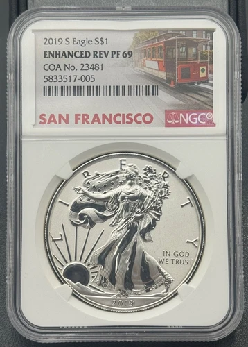 2019 S $1 1ozt Silver American Eagle Enhanced Reverse Proof NGC PF 69 COA# 23481
