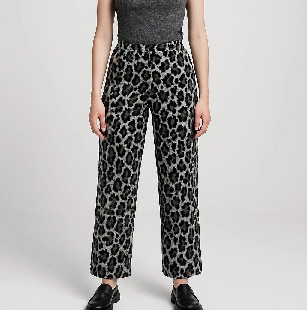 ZARA Women’s Black Gray Leopard Print High Waist Wide Leg Pants XS Cropped 24x25
