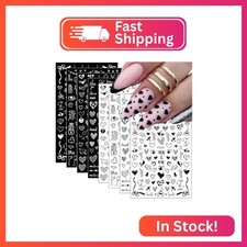 8 Heart Nail Decals - 3D Self-Adhesive Charms Black White Heart Design for Valen