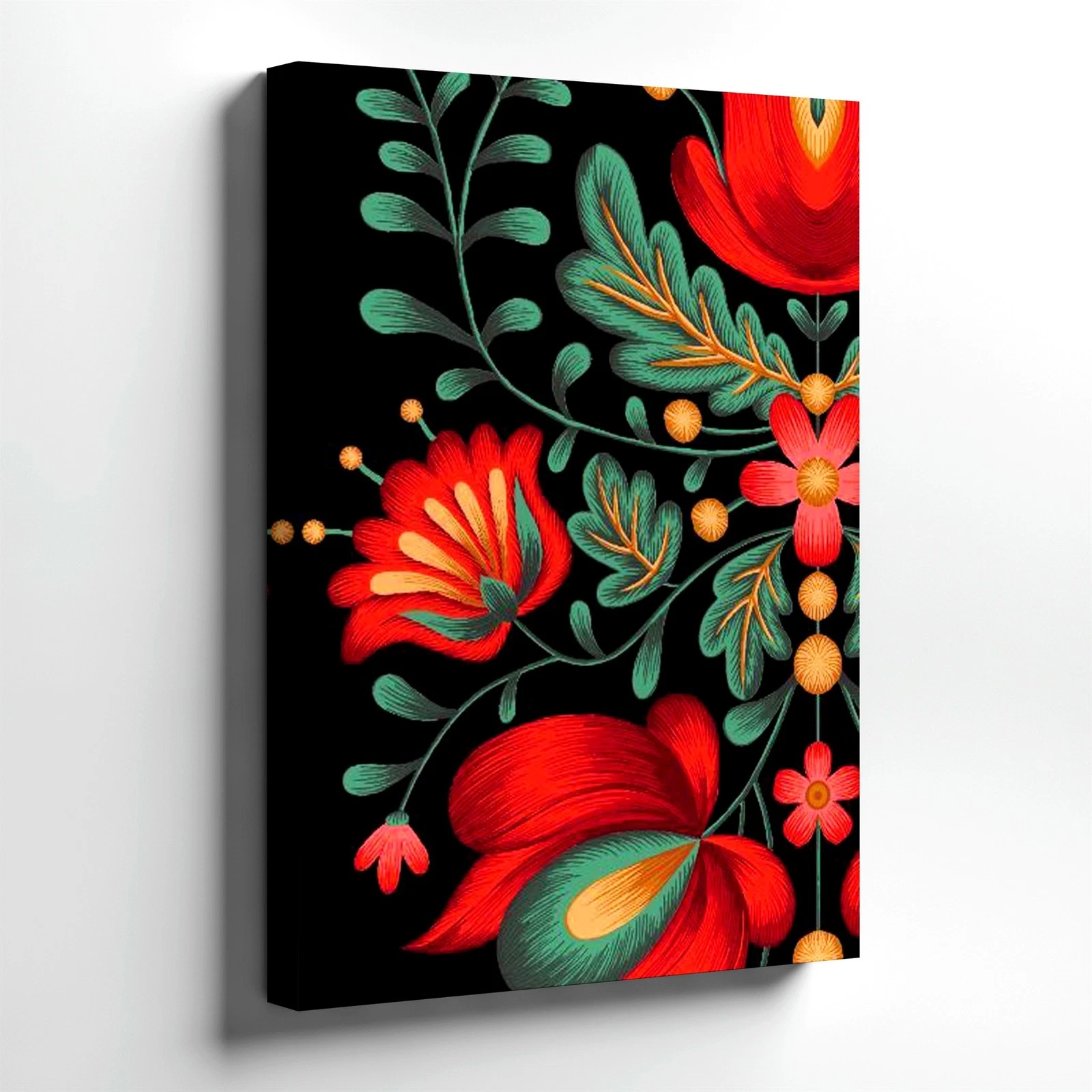 Wall Art Folk Floral Print Red Orange Flowers Botanical Poster Black Home Decor