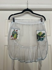 Vintage Sheer White Cotton Apron Embroidered Floral Scenic Pockets Women
