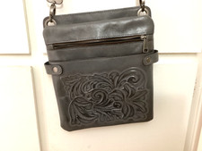 PATRICIA NASH Embossed Dark Gray Leather Tooled Crossbody Bag Excellent Cond.