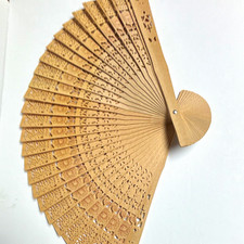 Vintage Style Carved Wood Folding Hand Fan Beige Adult Unisex 8 inches long.
