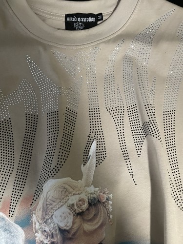 Mixed Emotion Men's Beige Crew Neck Pullover Sweatshirt M Rhinestone Graphic