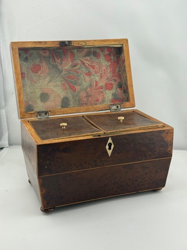 Antike Teedose gemaserte Ulme 1830er Intarsien Grabstein Birdseye George Regency - Bild 8 von 22