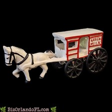 VINTAGE: Handpainted Cast Iron Horse Drawn Fresh Milk Cart Wagon Toy Home Decor
