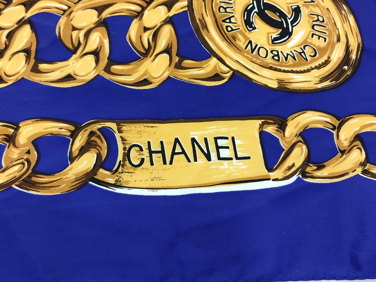 vintage Chanel Metallic Blue Gold Chain Link Silk Scarf