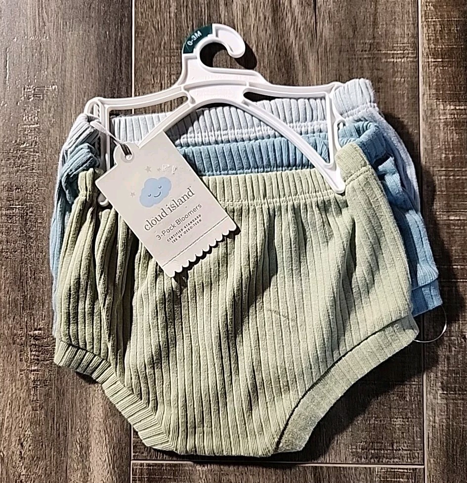 Cloud Island - 3 Pack Baby Bloomers - Green/Light Blue/Grey - 0-3 Month-image