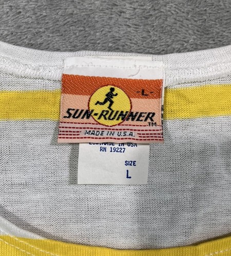 Vintage 90s Yellow And White Stripe Tank Top Sun-Runner Size L Beach Bodybuilder - Picture 3 of 7