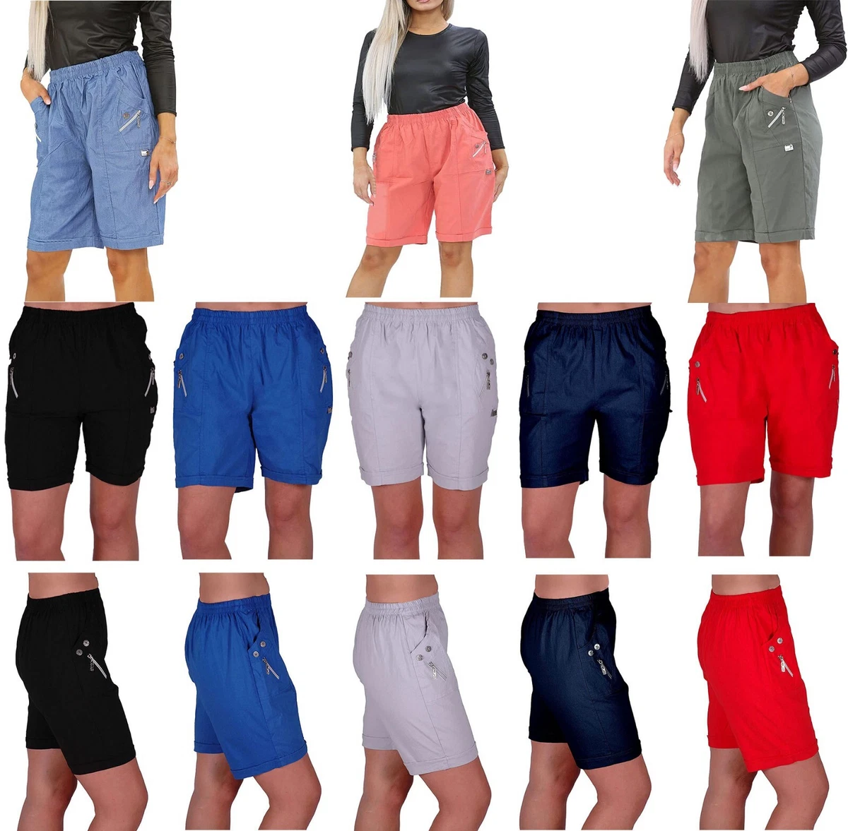 New Womens Cherry Berry Capri Shorts Ladies Stretchy Cotton Blend Zip Shorts eBay