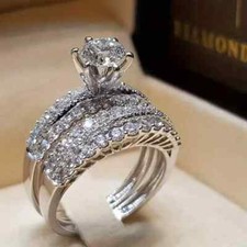 2 Pcs/set Bridal Wedding Rings 18K Plated 6 Prong Setting Zircon Women Gift