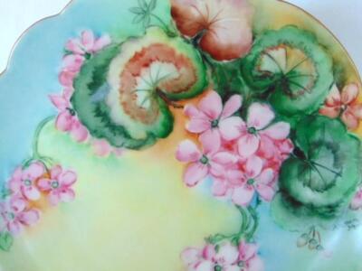 Antique Hand Painted GERANIUM Pink/Green Porcelain PLATE, Limoges France SIGNED