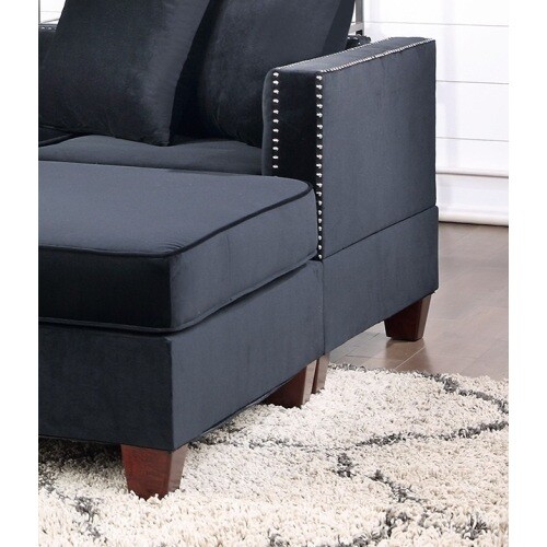 Black Velvet Fabric Reversible Sectional & 2 Ottomans - Picture 4 of 6