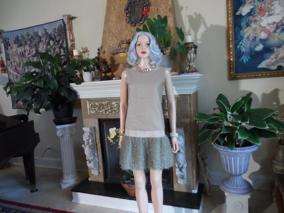 Moschino Beige-Sage Green Sheath Dress w/Knit Skirt & Lurex Detail Size US 8 - Image 4 of 4