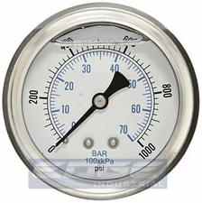LIQUID FILLED PRESSURE GAUGE 0-1000 PSI, 2.5" FACE, 1/4" BACK MOUNT WOG