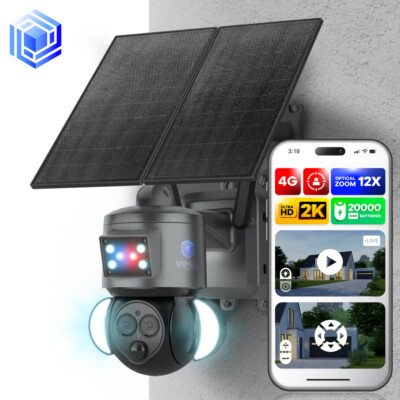 4G Security Camera Solar Powered 2K UHD Two Cams 12X Optical Zoom 24/7 Recording