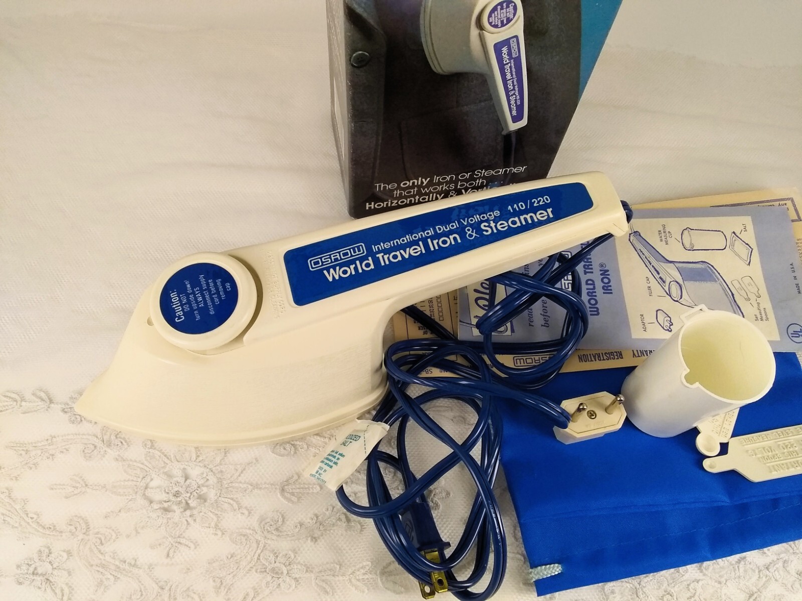Vintage Osrow World Travel Iron Steamer  with travel bag and accessories 1981