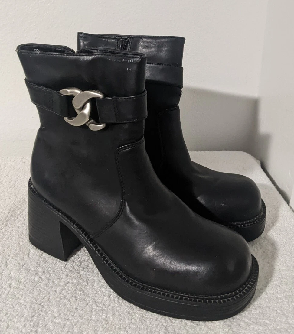 Vintage Y2K Lower East Side Chunky Platform Zip Black 90s Boots