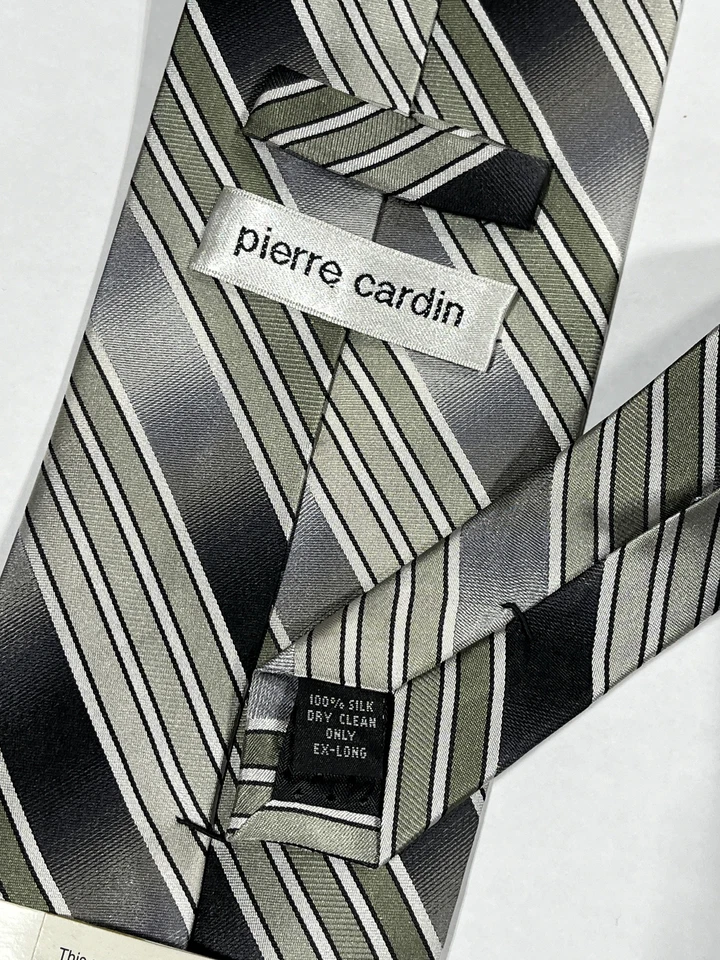 Mens Pierre Cardin Silver Stripe Pattern Tie Pure Silk Hand Made NEW - Image 2 of 3