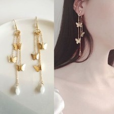 Butterfly Long Tassel Earrings -Immitation Pearl Color Gold Hook Earring Jewelry