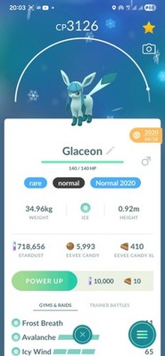 Glaceon ( Caught In 2020 ) ( Maxed Level 40 ) ( 3 Moves ) Pokemon Tr@de Go