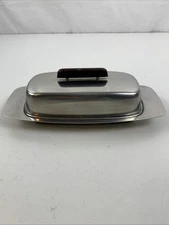 Vintage MCM Butter Dish Stainless Steel Teak Wood. M
