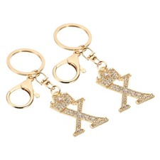 Initial Letter Keychain, 2 Pcs Letter x Crown Design Charm, Gold Tone