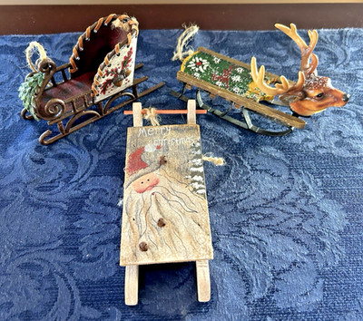 Christmas Sleigh and Sleds Ornaments Lot of 3 Unique and Different Metal & Wood