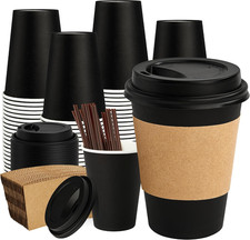 12 Oz 50 Pack Black Disposable Paper Coffee Cups with Lids, Sleeves and Straws,