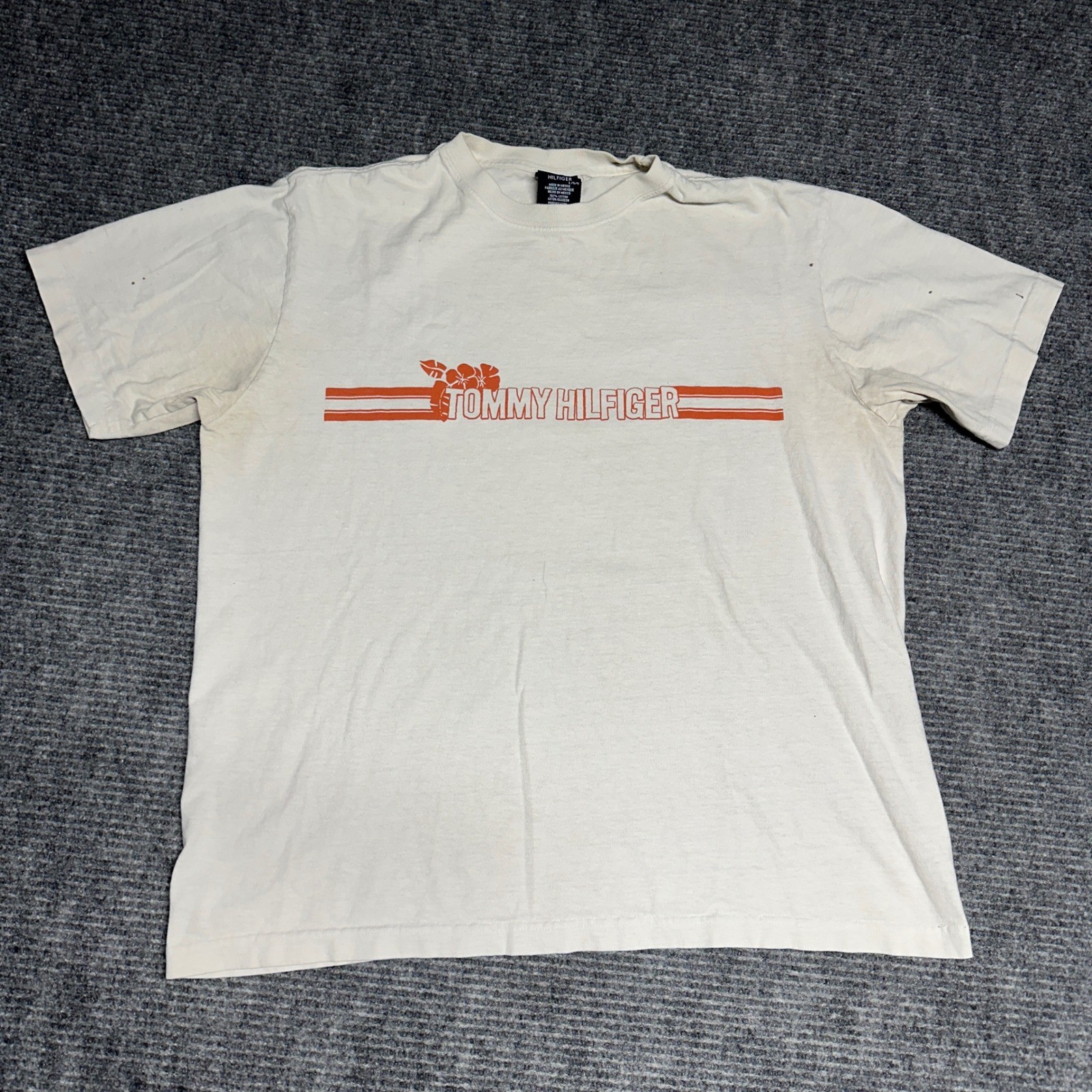 Tommy Hilfiger Mens T Shirt Large L White Orange Stripe Logo Graphic Tee