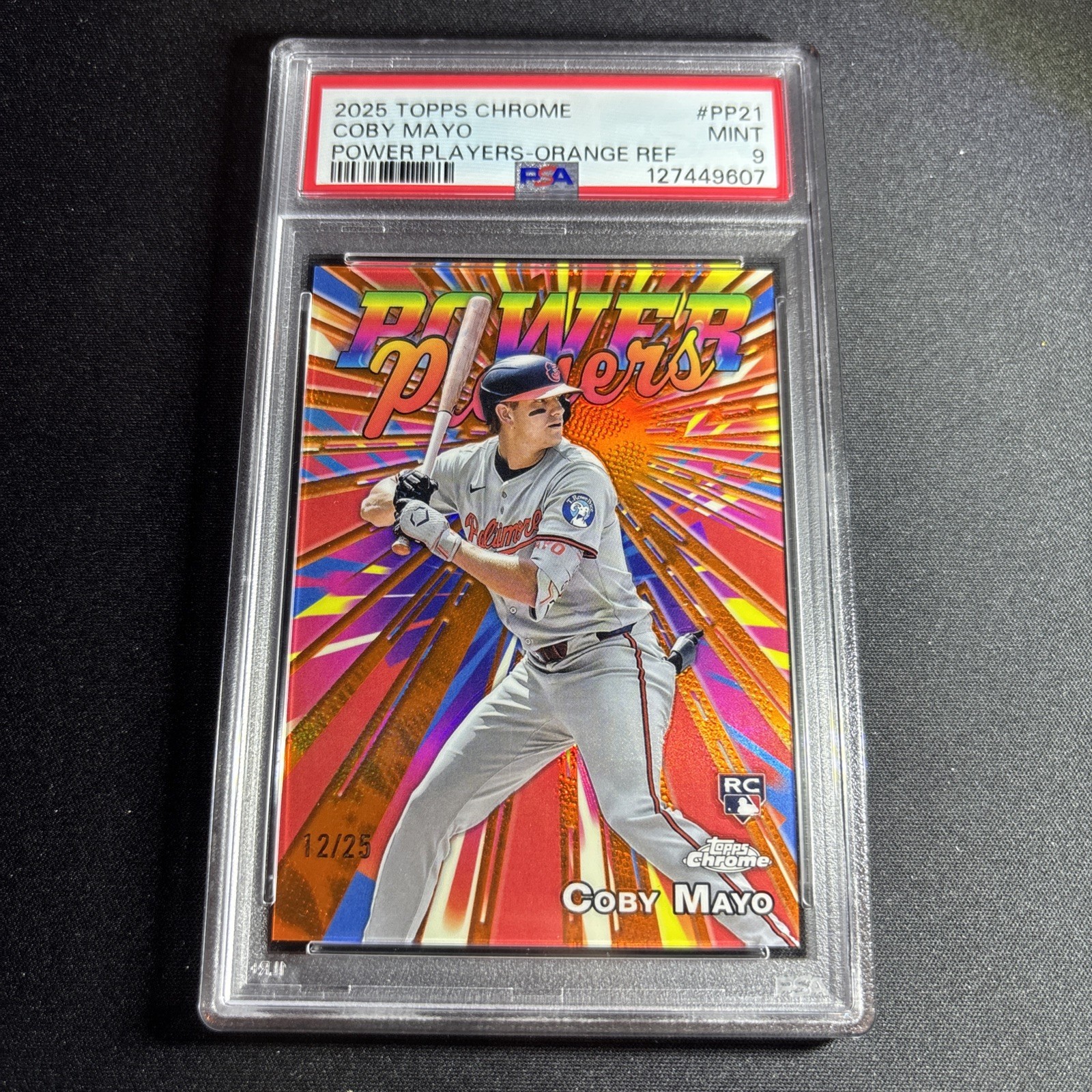2025 Topps Chrome Coby Mayo Power Players Orange Refractor /25 Rookie PSA 9