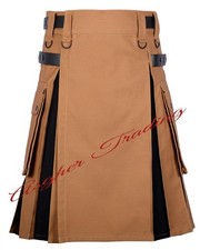 New Handmade Camel Canvas  Black Cotton Hybrid Utility Kilt - Custom Size Kilts