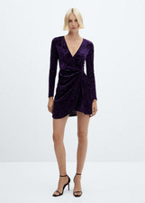NWT MANGO MNG PURPLE CRUSHED VELVET LONG SLEEVE KNOT MINI DRESS SZ M US 6
