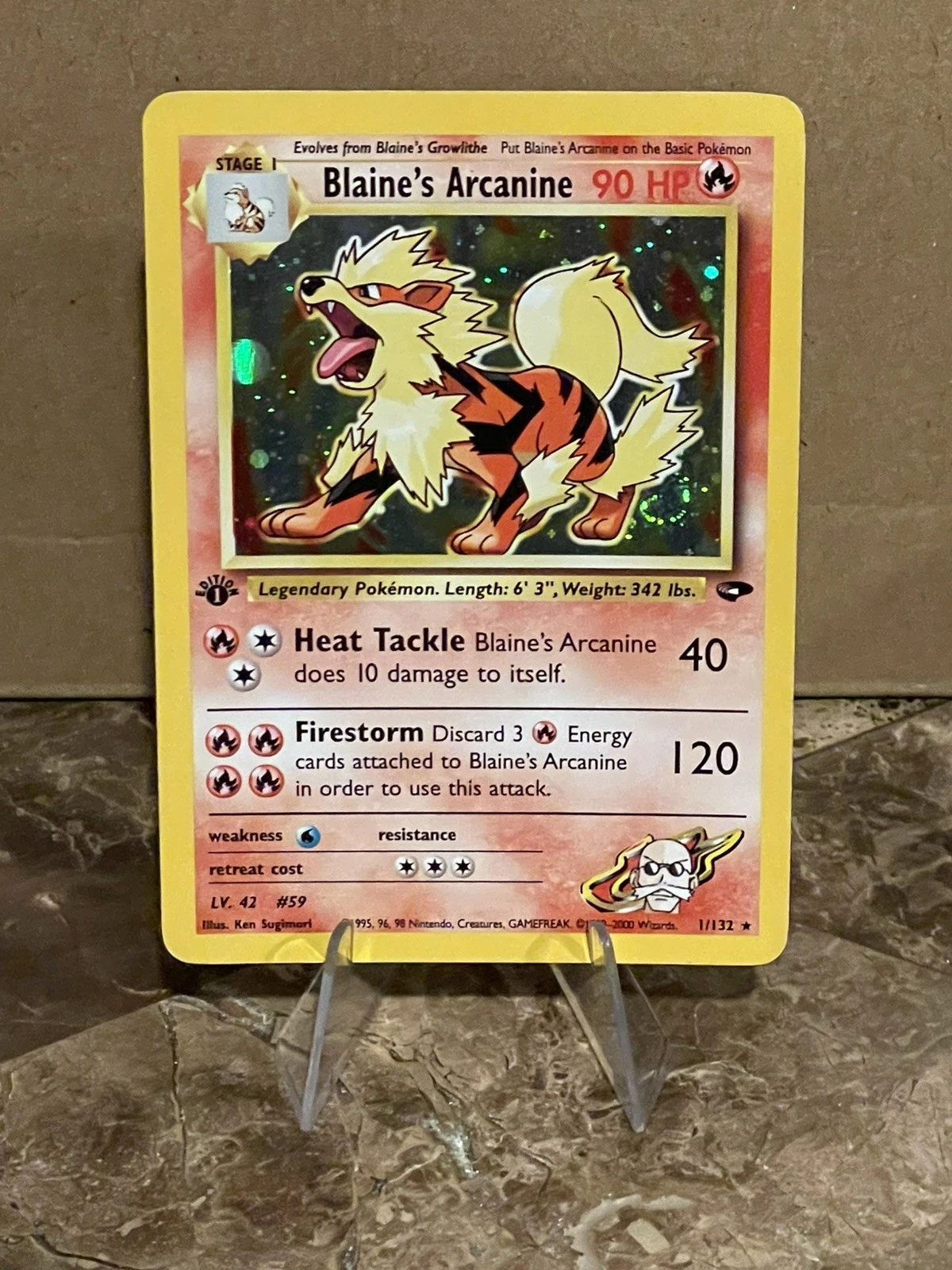 Pokemon Blaines Arcanine 1/132 1st Edition Gym Challenge Holo SWIRL 🌀 & 🌕