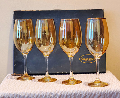 Set of 4 Amber 10oz Wine Glasses Classic Round Solid Color Glass Gift Box