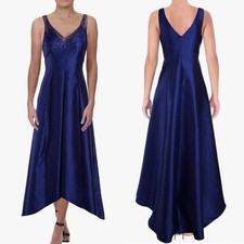 NWOT Adrianna Papell Blue Beaded V-Neck Mikado Satin Gown SIZE 6