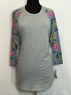 LuLaRoe Plus Size 3XL Randy Tee Gray W/Floral Print Sleeves Stretchy