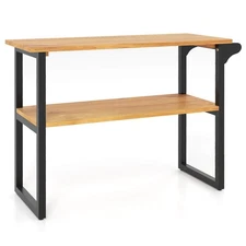 2-Tier Bathroom Shelf w/Towel Rack Solid Teak Wood Freestanding Storage Shelves