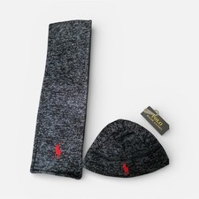 Youth Polo Ralph Lauren Black Gray 2 Piece Accessory Set Scarf Beanie Logo