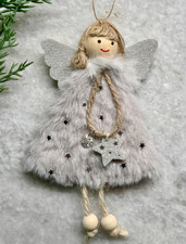 New Christmas Angel in Fuzzy Gray Dress Ornament w/ Stars  Heart - 6.5  