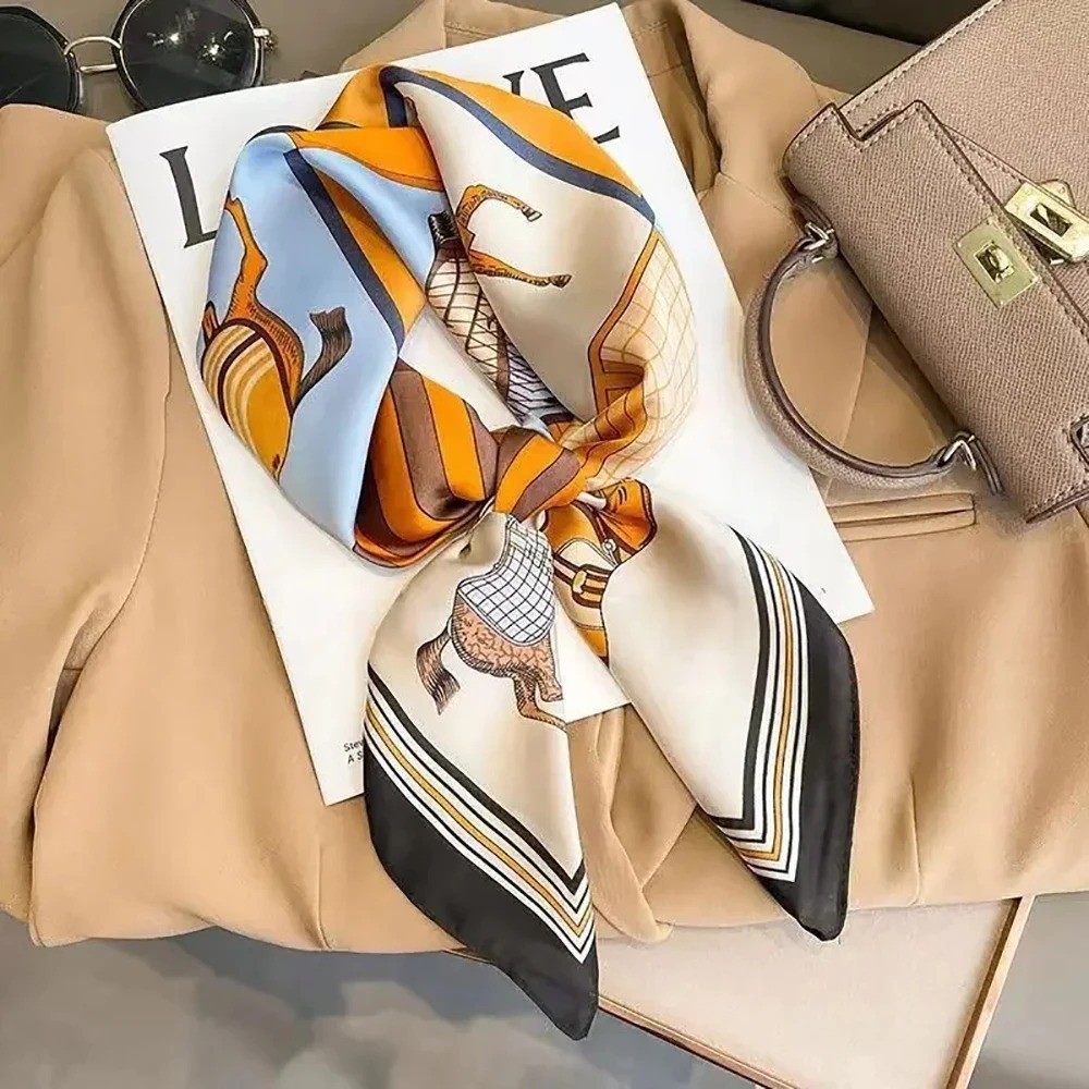 Women’s Luxury Print Silk Scarf Square Neck Hair Wrap Foulard