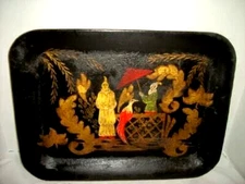 1880s Chinoiserie Tole Tray Primitive Alligatored Finish HP Bird Asian Figures