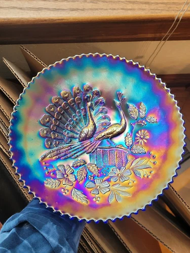 Pretty Electric Blue Northwood Carnival Glass Peacocks on the Fence Plate