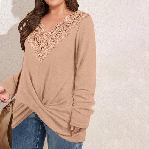 PLUS SIZE ⭐Women V-Neck Lace Tops Casual Loose Blouse Long Sleeve Shirt Pullover - Picture 4 of 22