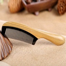 Wooden Handle Hair Brush Natural Black Buffalo Horn Hair Comb Fine Toothed Comb